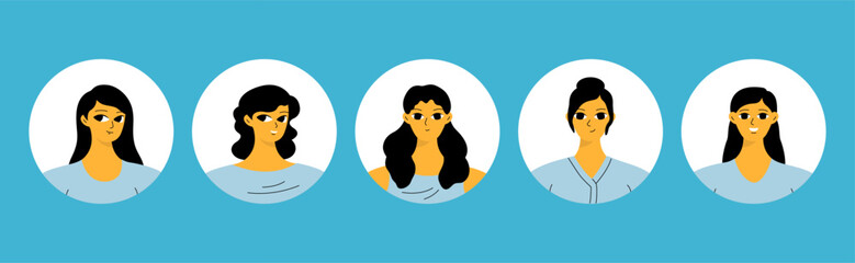 Obraz premium Collection of different people avatars. Round icons with various smiling women. Modern vector illustration.