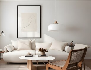 Frame mockup, ISO A paper size. Living room wall poster mockup. Modern interior design. Living room Interior mockup with house background. 3D render