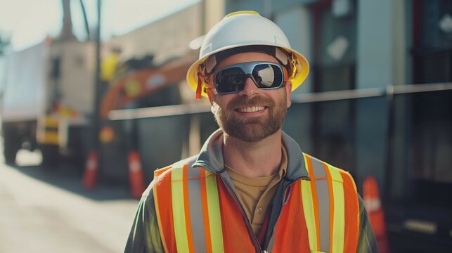 handsome construction site driver wearing new safety gear smiling at camera on sunny day --ar 16:9 Job ID: 1a3d0cee-259d-49a9-813b-6251a0c9b60b