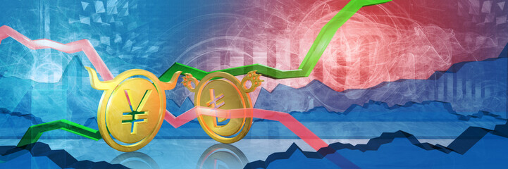 bullish jpy or cny stopped by bearish try. foreign exchange market 3d illustration of japanese yen or chinese yuan to turkish lira. currency represented as golden coins