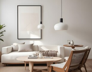 Frame mockup, ISO A paper size. Living room wall poster mockup. Modern interior design. Living room Interior mockup with house background. 3D render