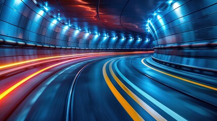   A tunnel's interior, surrounded by heavy traffic and leading towards a distant light, is depicted in hues of blue and red