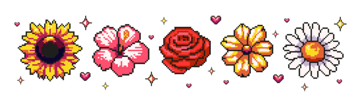 A set of 8-bit elements of summer flowers in pixel graphics. The style of the 80-90 digital vintage game. Sunflower, chamomile, rose, hibiscus. Vector illustration.