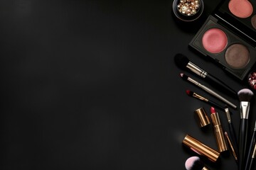Important makeup kit with text space on solid black background