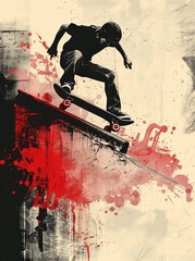 Poster. Sketch art-style illustration. skateboarder captured in a moment of action as they ride down ramp.