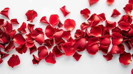 Fresh red rose petals on white background. Banner 