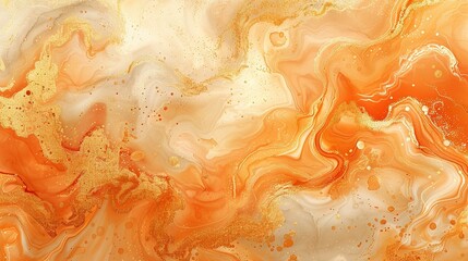   An orange, yellow, and white painting with droplets of paint scattered across the top and bottom layers
