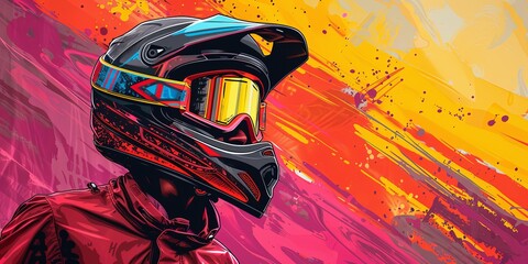 Fototapeta premium Person wearing motocross helmet and goggles against colorful, vibrant background with negative space to insert text.