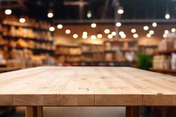 Abstract blurred of department store with empty wooden table counter background. Template for product display. Copy space.