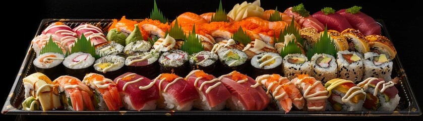 A beautifully arranged sushi platter with various nigiri, sashimi, and rolls, garnished with wasabi and pickled ginger