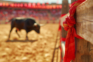 Close-Up of Traditional Red Sash Tied to Wooden Fence with Blurred Bull Running