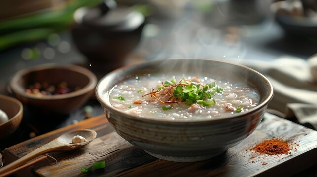 A bowl of Chinese congee with a cup of green tea