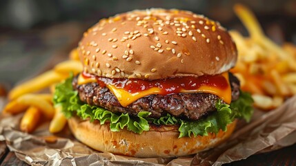 A cheeseburger with a sesame seed bun, lettuce, tomato, and cheese.
