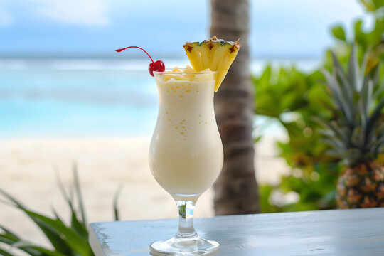 A freshly made piña colada topped with a cherry and a slice of juicy pineapple on a table by the beach