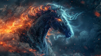 A digital painting of a horse with a long flowing mane and tail made of fire. The horse is standing in a field of tall grass, and there is a large tree in the background. The sky is dark and stormy, a