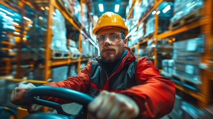 A focused worker with safety helmet driving a forklift in an industrial warehouse with shelves