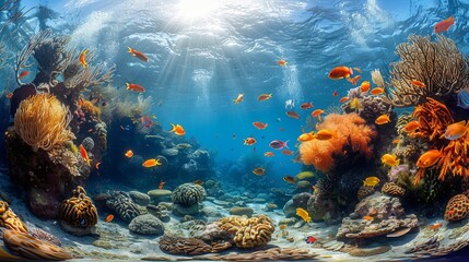 Vibrant underwater scene of a coral reef teeming with marine life and sunlight filtering through water