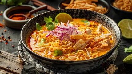 A bowl of Thai khao soi with curry noodles, chicken, and crispy wonton strips in a rustic Thai kitchen