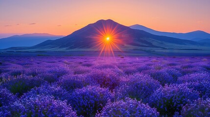   A lavender field with a mountain in the sunset