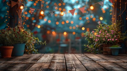 Evening setting with hanging lights and plants on a wooden deck, providing a perfect party atmosphere - Powered by Adobe