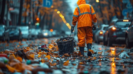 A sanitation worker in bright orange gear cleans littered streets amid fallen leaves and rain
