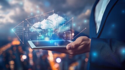 A cloud management app is open on a tablet held by an IT specialist, with a futuristic cityscape in the backdrop. - Powered by Adobe