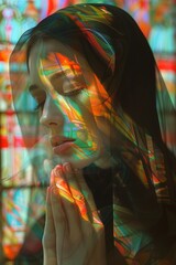 Obraz premium A stained glass window with a praying woman in front of it.