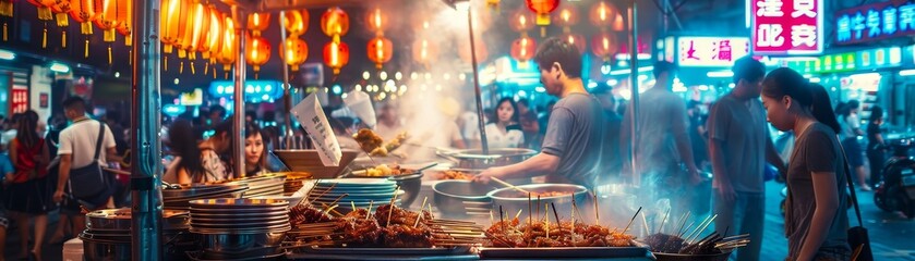 A bustling Chinese night market scene with a vendor preparing skewers of grilled street food, with colorful neon signs and a lively crowd