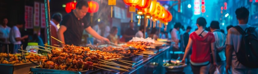A bustling Chinese night market scene with a vendor preparing skewers of grilled street food, with colorful neon signs and a lively crowd