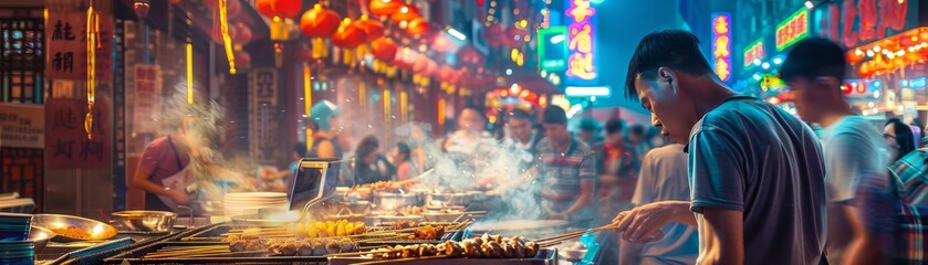 A bustling Chinese night market scene with a vendor preparing skewers of grilled street food, with...