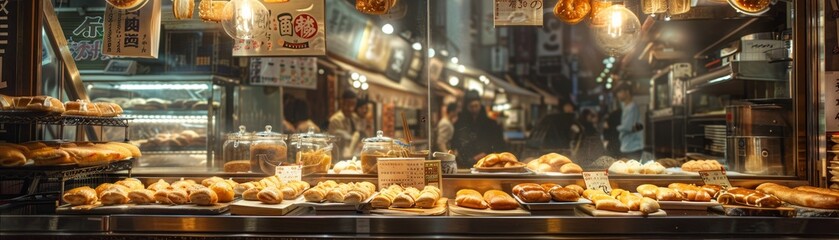 A bustling Japanese bakery featuring freshly baked melonpan and taiyaki, with a lively street scene visible through the window
