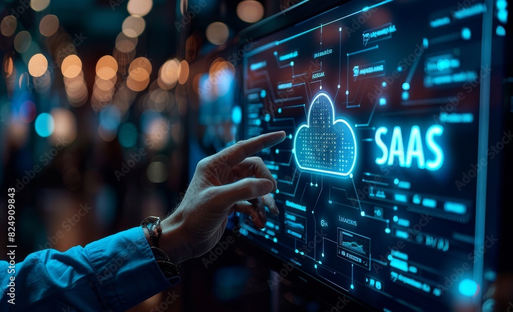 Poster businessman interacting with a virtual screen displaying saas and cloud technology