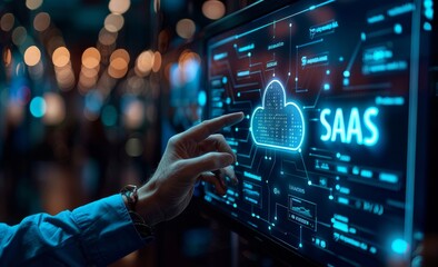 Businessman interacting with a virtual screen displaying SaaS and cloud technology