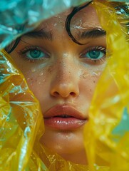 Close up portrait of a young woman's face with water droplets on her skin.