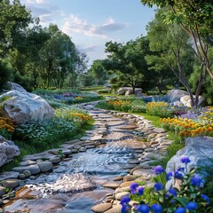 Tranquil Valley with Blooming Flowers and Lush Greenery