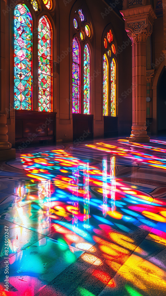 Wall mural Sunlight Creating Vibrant Patterns through Colorful Stained Glass  