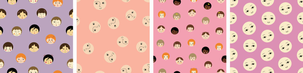 Four surface patterns bundle, attractive girlish faces. Creative seamless backdrop, feminine image, stylish repeating design.