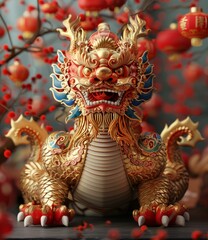 Chinese Dragon Statue With Red Lanterns and Gold Details