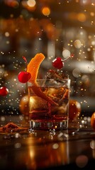 A classic American old fashioned with a twist of orange peel and a cherry, served in a dimly lit bar