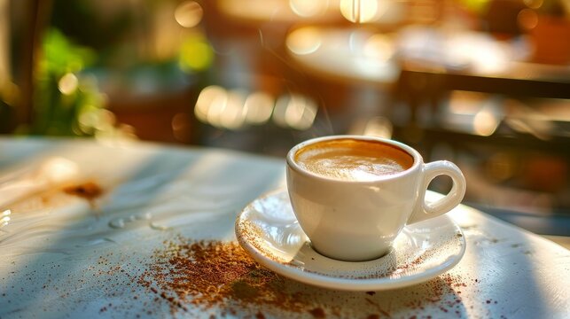 A classic Italian espresso with a rich crema on top, enjoyed at a stylish outdoor cafe