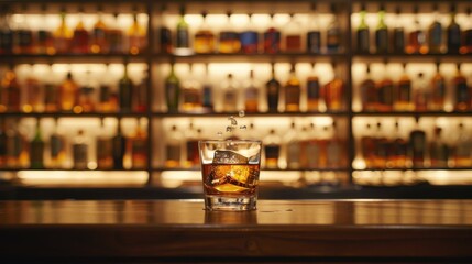 A classic presentation of Japanese whisky in a fine glass, on a dark wooden bar, with a blurred background of bar shelves filled with bottles