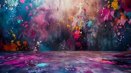 Dynamic backdrop adorned with an array of vibrant paint splatters