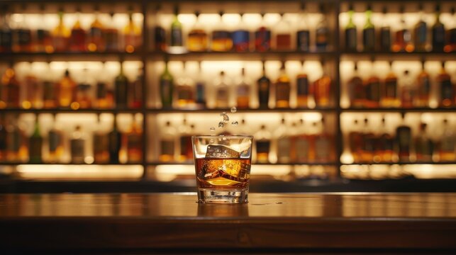 A classic presentation of Japanese whisky in a fine glass, on a dark wooden bar, with a blurred background of bar shelves filled with bottles