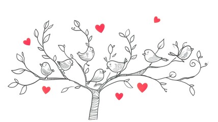 pencil drawing, love between two birds on a tree, cute sketch, AI generated image