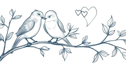 pencil drawing, love between two birds on a tree, cute sketch, AI generated image