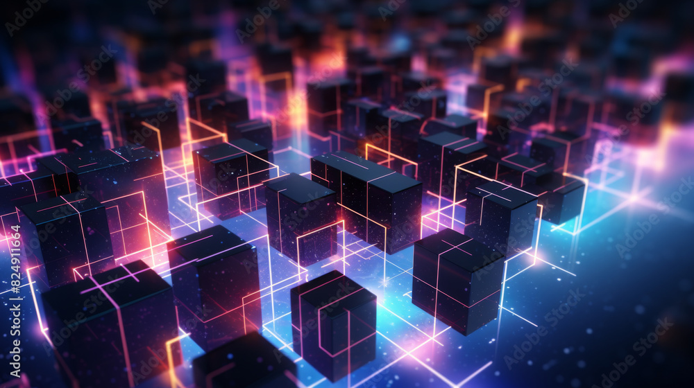Aufkleber Abstract 3D rendering of glowing, complex digital blocks with neon lights highlighting a futuristic, interconnected structure.