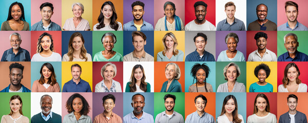 Diverse people collage, portraits on colorful background. People of all ethnicities, ages, sexual orientations, cultures. Diversity and inclusion concept.