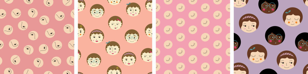 Set of four patterns, comely girlish faces. Simple design for branding, fabric, girl portrait, seamless texture.