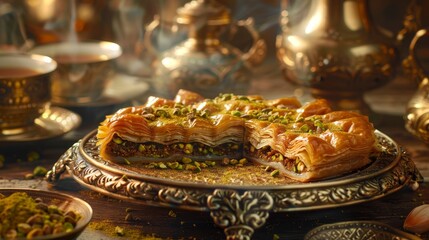 A closeup of a Lebanese baklava tray, showcasing the intricate layers and pistachio topping, with a traditional tea set and ornate decorations