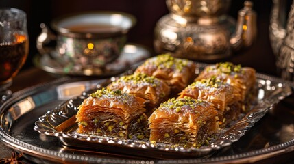 A closeup of a Lebanese baklava tray, showcasing the intricate layers and pistachio topping, with a traditional tea set and ornate decorations